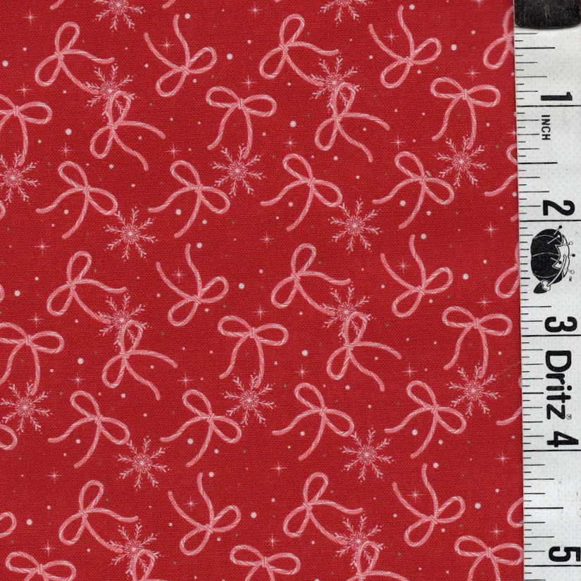 END OF BOLT 806 Red Candy Cane Bows on Red background 100% cotton quilting fabric