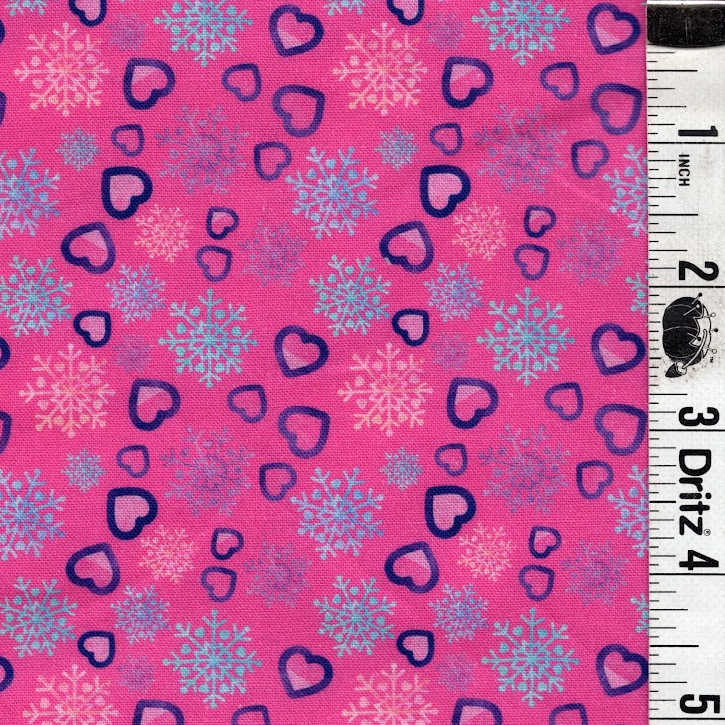 END OF BOLT 688 My Fabric Addiction purple blue hearts snowflakes on pink Fabric background 100% cotton quilting fabric
