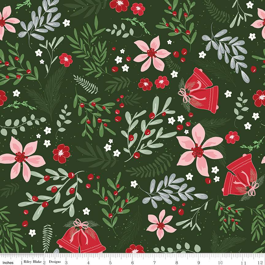 ENDOFBOLT98 Riley Blake Mistletoe C16400 Green with Red Accents 100% cotton quilting fabric