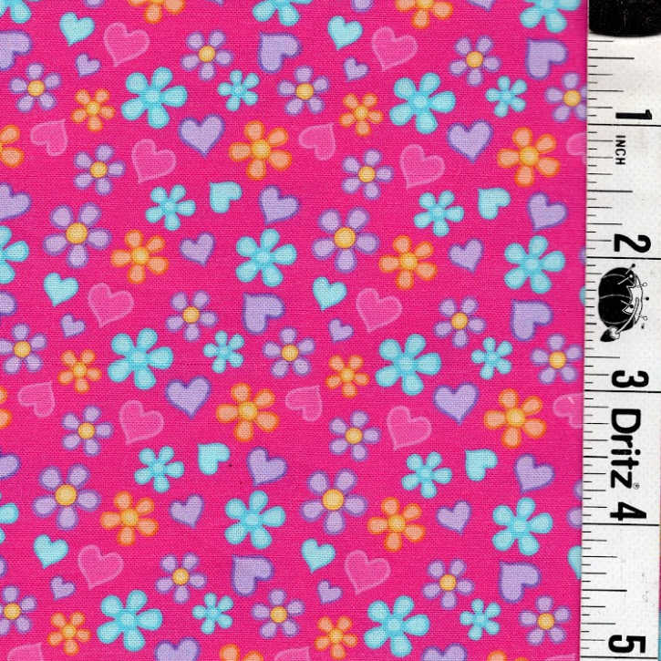 END OF BOLT 602 My Fabric Addiction Pink Purple Teal Flowers Hearts Fabric background 100% cotton quilting fabric