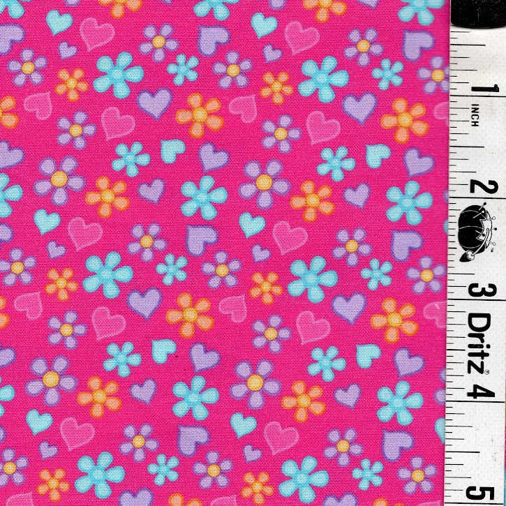 END OF BOLT 931 Teal Purple Yellow Pink Flowers Hearts on Pink Background 100% cotton quilting fabric