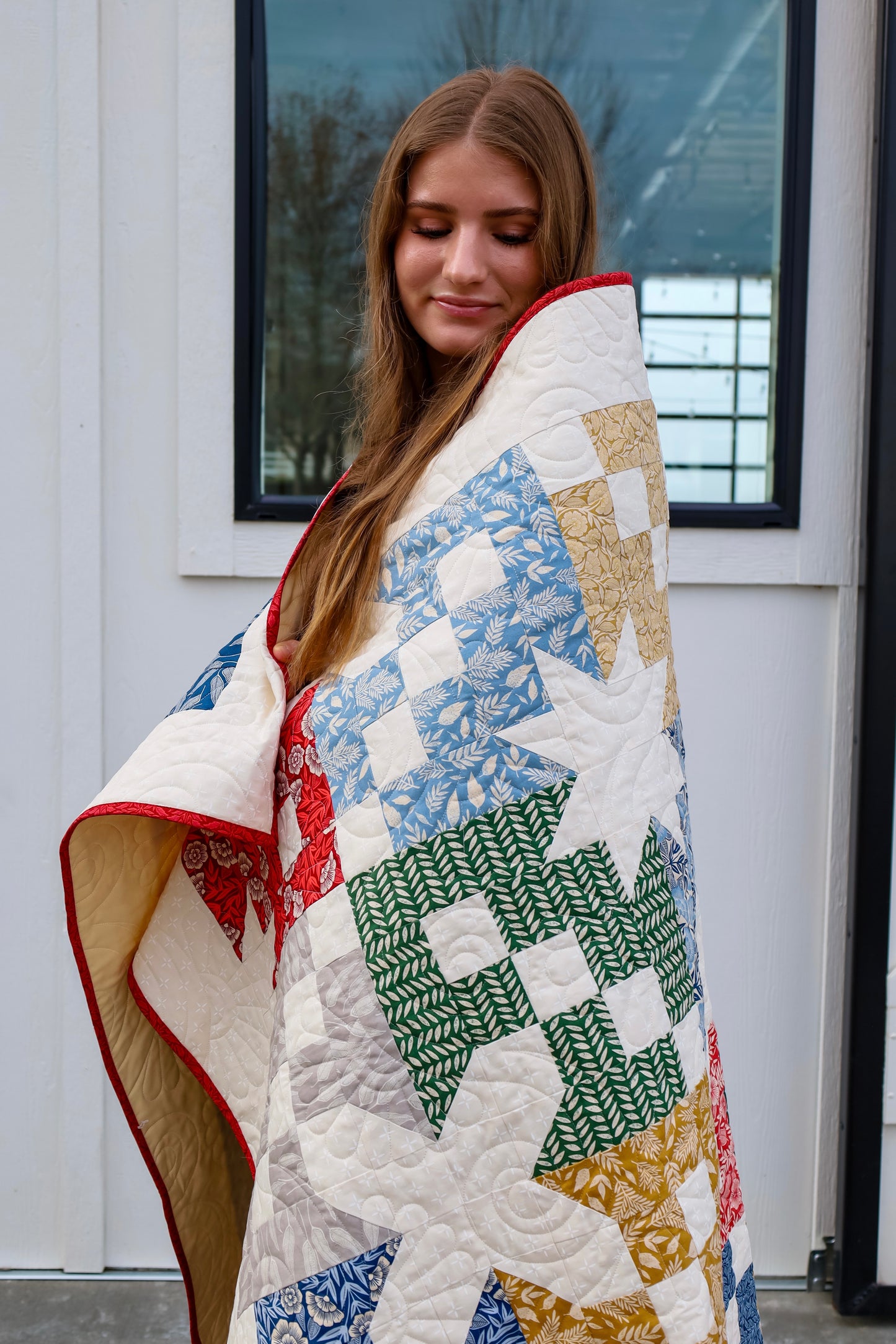 Foxtrot Quilt Sample Featuring Moda Flower Press Fabric, 68.5" x 68.5"