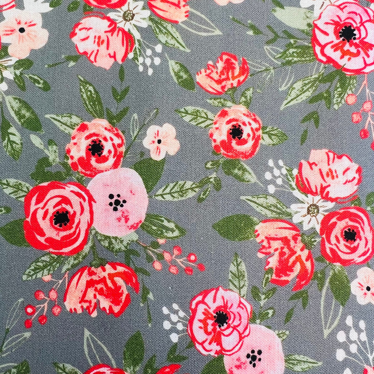 END OF BOLT 711 My Fabric Addiction Grey Pink Flowers Fabric background 100% cotton quilting fabric