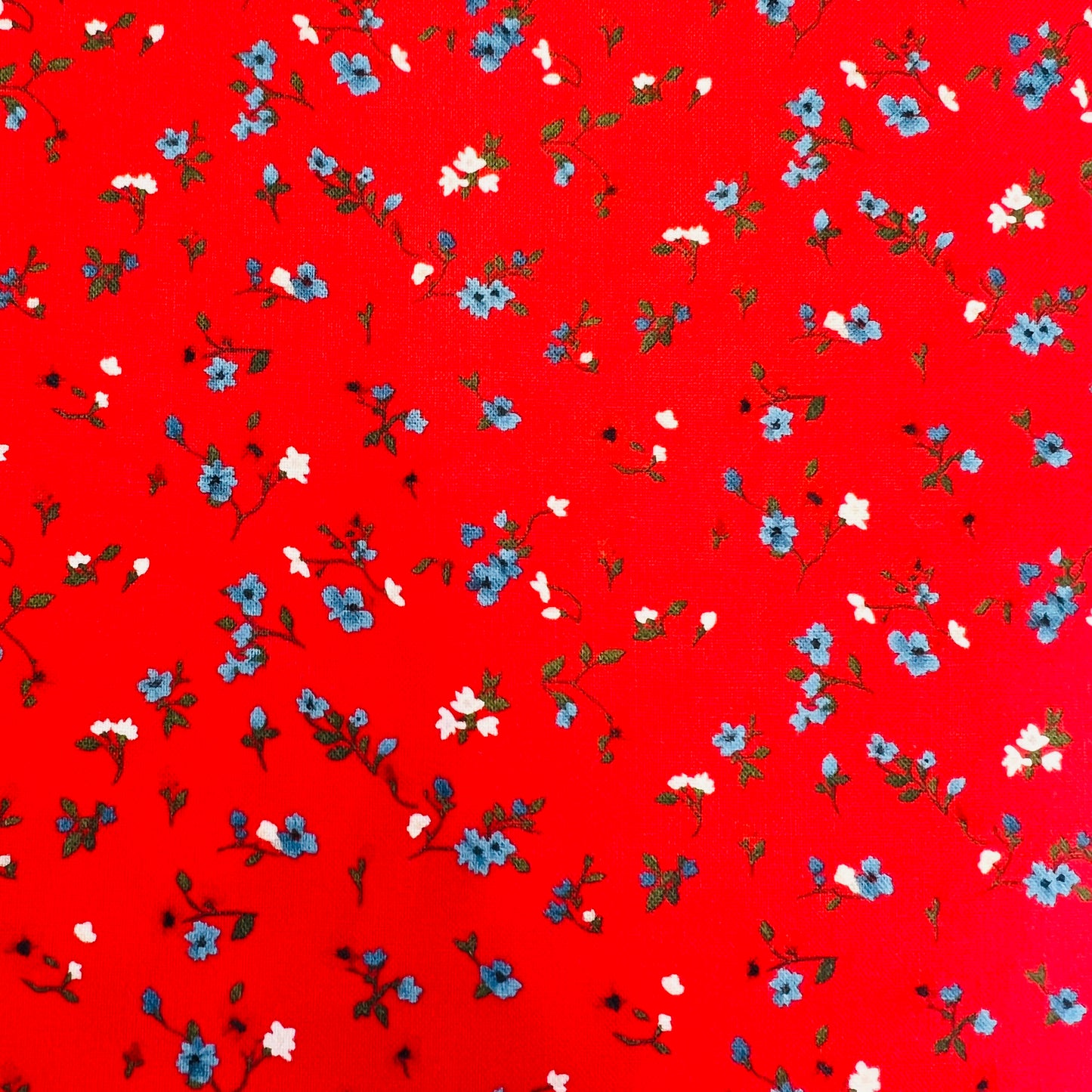 END OF BOLT 784 Blue White Green Flowers on Red background 100% cotton quilting fabric