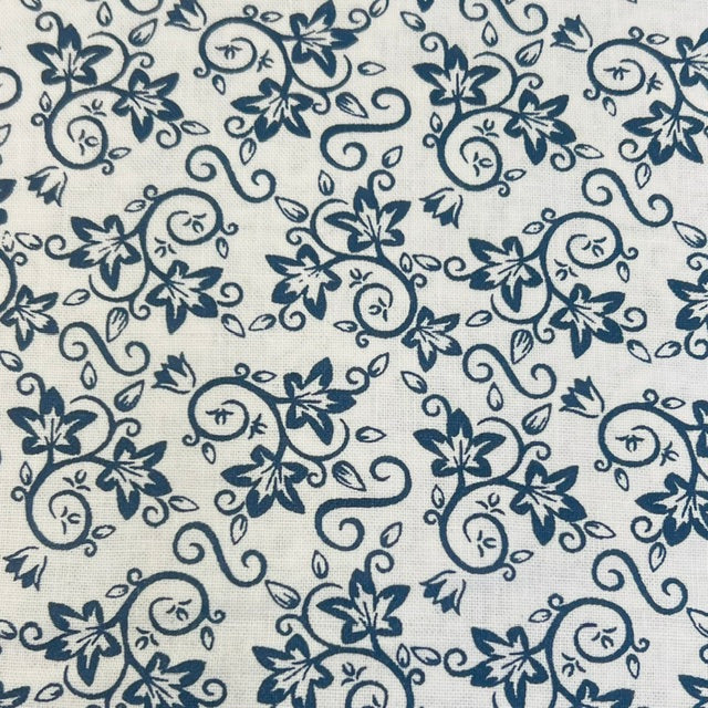 END OF BOLT 860 My Fabric Addiction Navy Blue Floral Leaf on White background 100% cotton quilting fabric