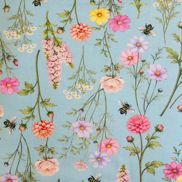 END OF BOLT 881 Wildflowers Bees on Light Blue Background 100% cotton quilting fabric