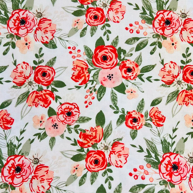 END OF BOLT 953 My Fabric Addiction Pink Green Flowers on White Background 100% cotton quilting fabric