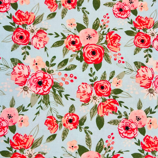 END OF BOLT 956 My Fabric Addiction Pink Green Flowers on Light Blue Background 100% cotton quilting fabric