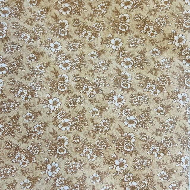 END OF BOLT 1046 My Fabric Addiction White Flowers on Beige background 100% cotton quilting fabric