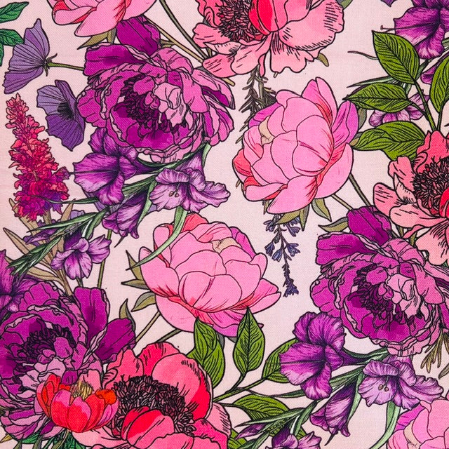 END OF BOLT 1055 My Fabric Addiction Purple Peonys on Pink background 100% cotton quilting fabric