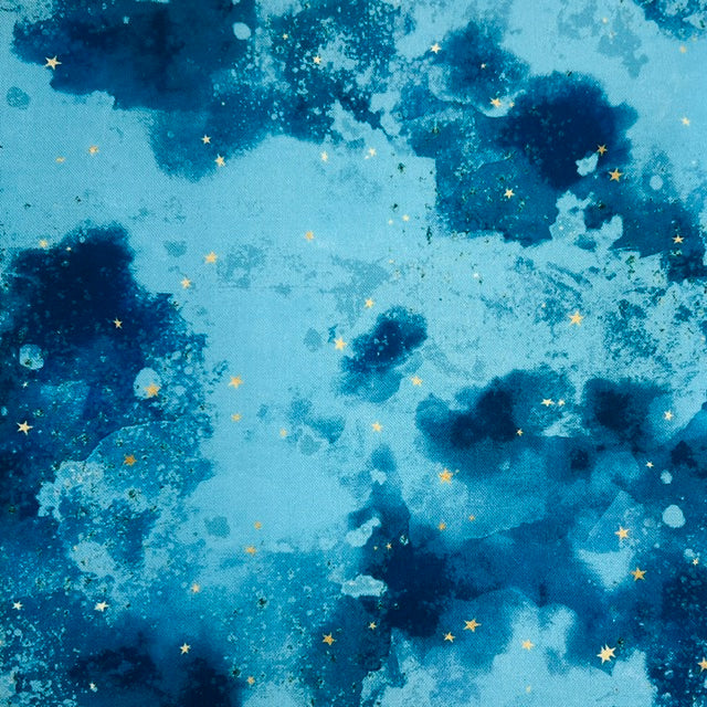 END OF BOLT 1188 Gold Stars on Teal Green Marble background 100% cotton quilting fabric