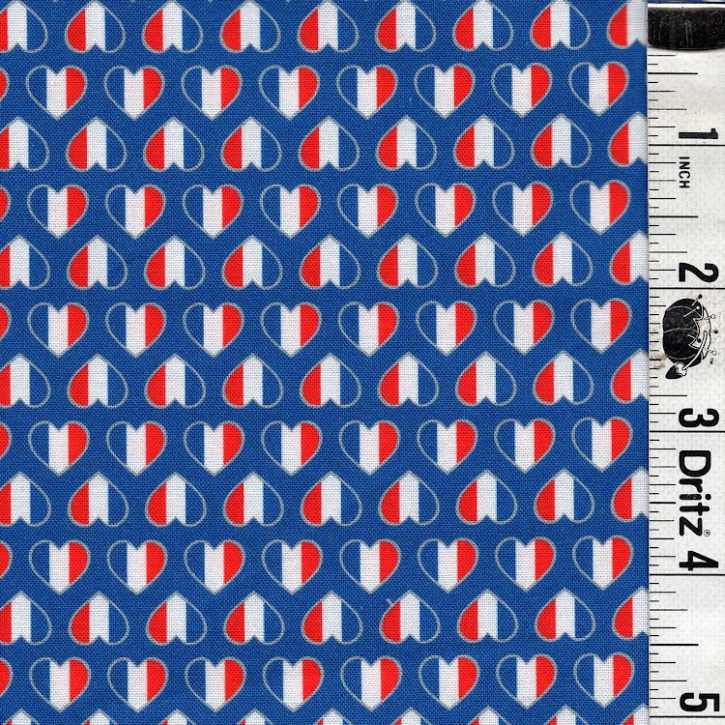 END OF BOLT 705 Blue Red White Hearts Fabric background 100% cotton quilting fabric