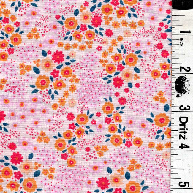 END OF BOLT 1194 Orange Pink Green Flowers background 100% cotton quilting fabric
