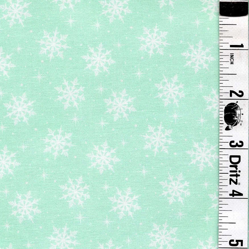 END OF BOLT 722 White Snowflakes on Mint Fabric background 100% cotton quilting fabric