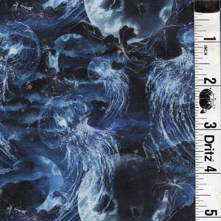 END OF BOLT 858 My Fabric Addiction Blue Black Jellyfish Moons Night Dark background 100% cotton quilting fabric