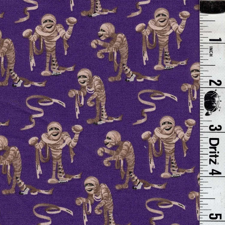 END OF BOLT 1033 Halloween Mummies on Purple background 100% cotton quilting fabric