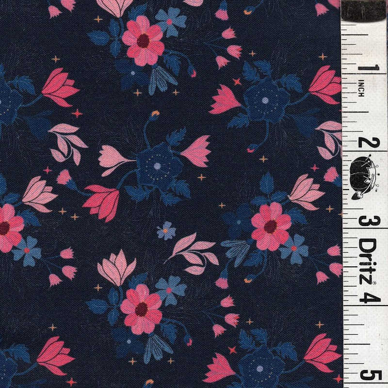 END OF BOLT 903 Pink Blue Flowers on Navy Blue Background 100% cotton quilting fabric