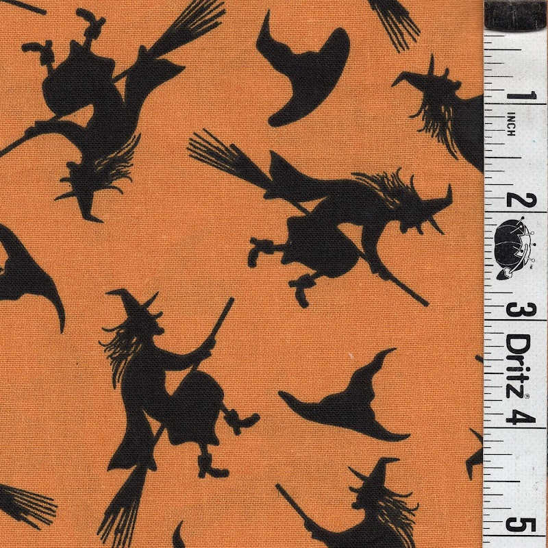 END OF BOLT 1003 My Fabric Addiction Halloween black witches on Orange Background 100% cotton quilting fabric