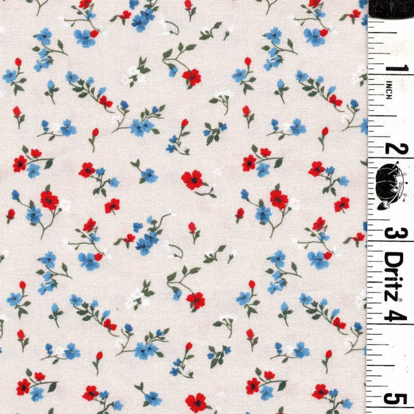 END OF BOLT 1113 My Fabric Addiction Red White Blue Flowers on Beige background 100% cotton quilting fabric