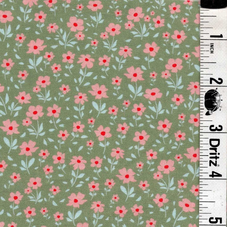 END OF BOLT 807 Peach Flowers on Sage Green background 100% cotton quilting fabric