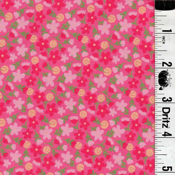 END OF BOLT 870 Pink Yellow Green Flowers on Pink Background 100% cotton quilting fabric