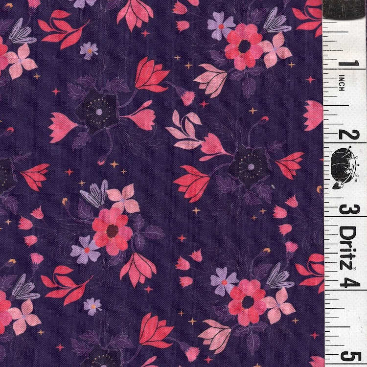 END OF BOLT 913 Pink Purple Flowers on Purple Background 100% cotton quilting fabric