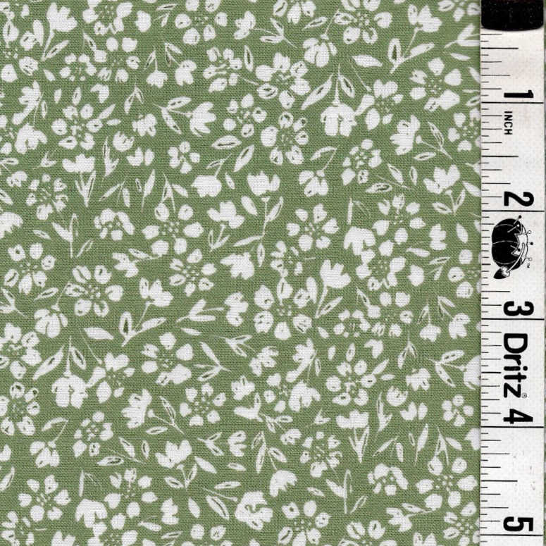 END OF BOLT 789 White Flowers on Green background 100% cotton quilting fabric