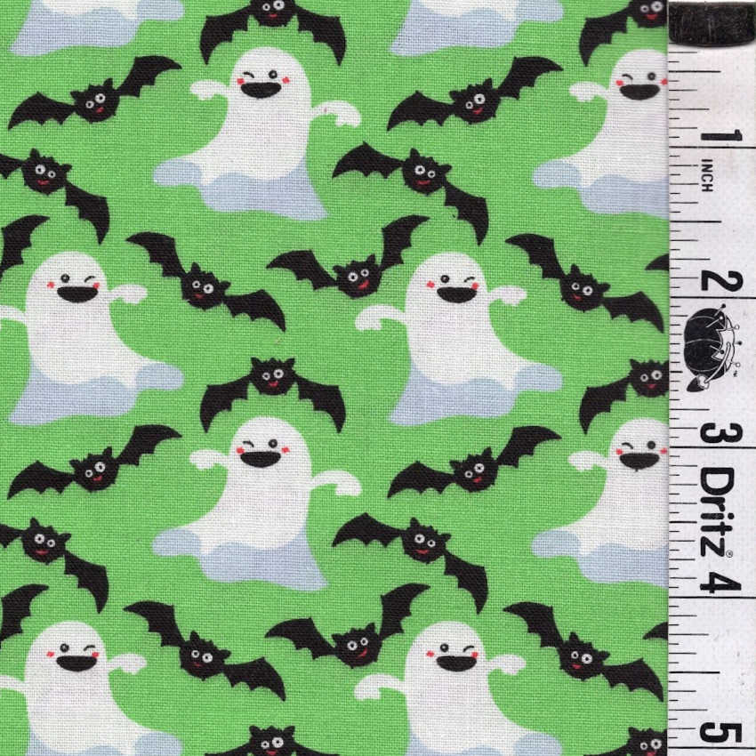END OF BOLT 1042 Halloween white ghosts black bats on green background 100% cotton quilting fabric