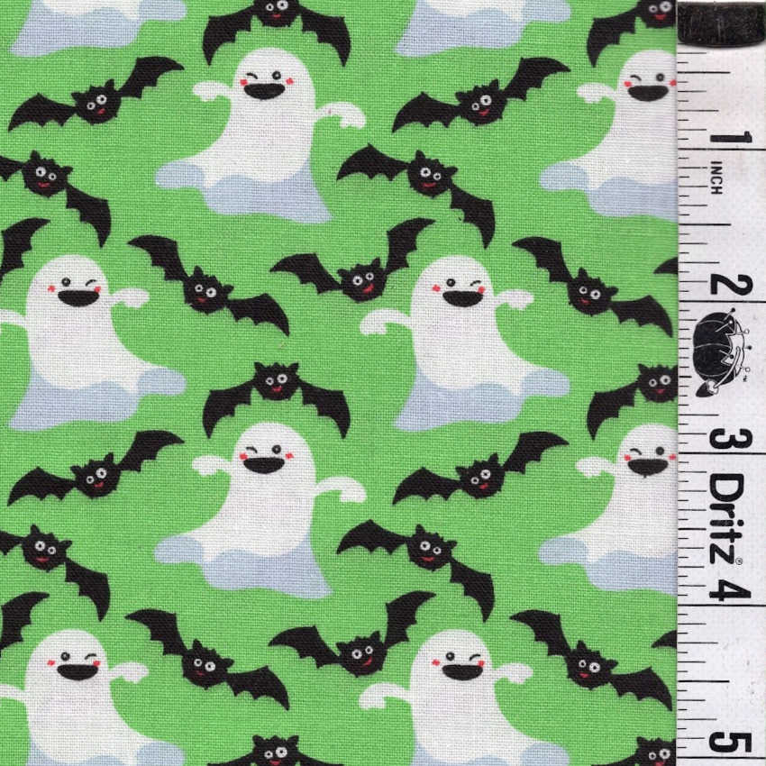 END OF BOLT 1126 My Fabric Addiction Halloween Ghosts Bats on Green background 100% cotton quilting fabric