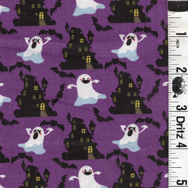 END OF BOLT 766 Halloween haunted house ghosts on purple Fabric background 100% cotton quilting fabric