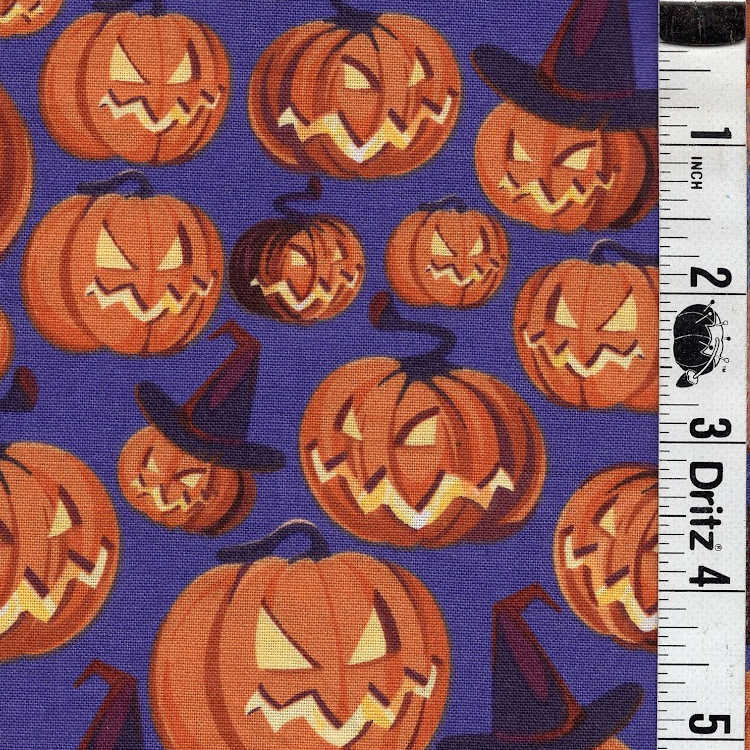 END OF BOLT 1035 Halloween jack o lantern pumkpins on Purple background 100% cotton quilting fabric