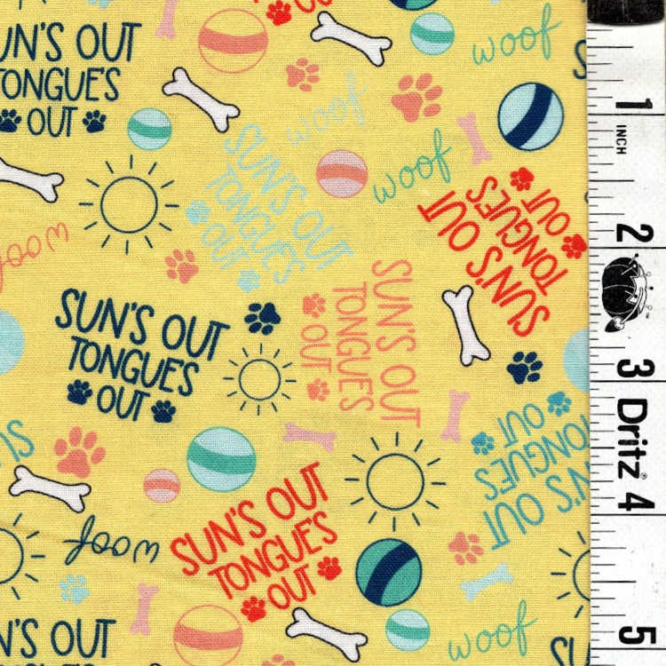 END OF BOLT 674 My Fabric Addiction Yellow Summer Dog Fabric background 100% cotton quilting fabric