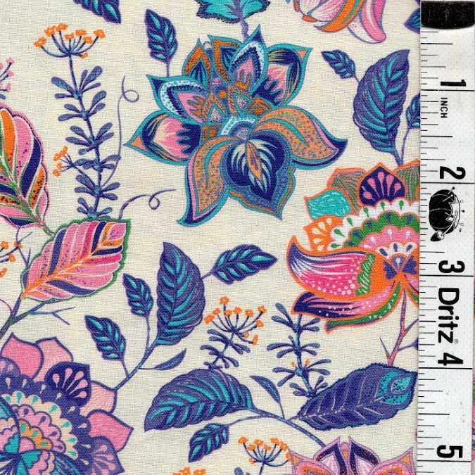 END OF BOLT 1169 My Fabric Addiction Colorful Flowers on Cream background 100% cotton quilting fabric