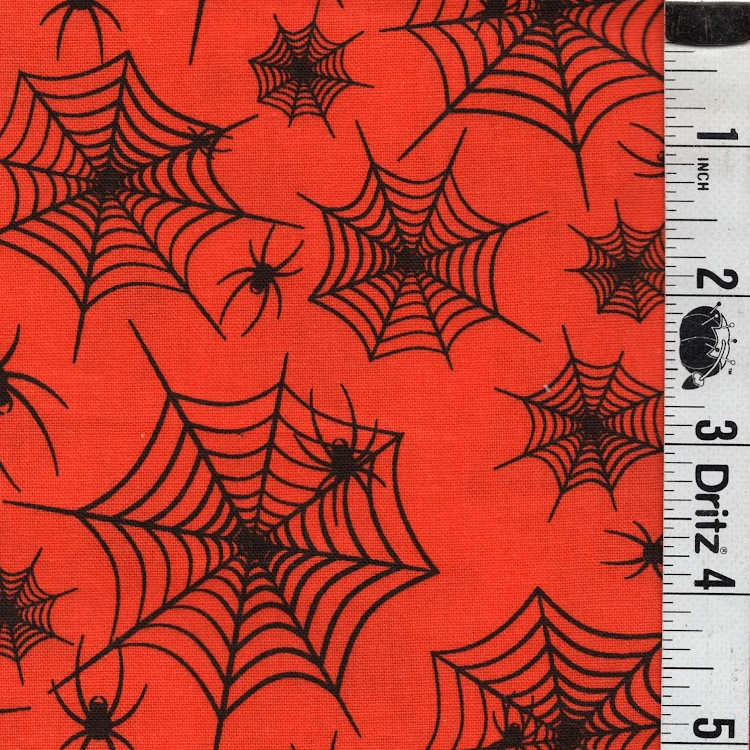 END OF BOLT 1085 My Fabric Addiction Halloween Black Spiderwebs on Orange background 100% cotton quilting fabric