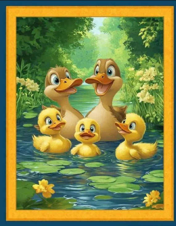 Happy Quackers Digital Panel cotton quilt fabric Cute Duck Pond Scene Panel 36" X 45 " 100% Cotton
