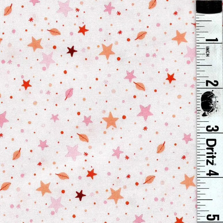 END OF BOLT 77 Adorable stars and leaves pink orange on beige Background 100% cotton quilting fabric