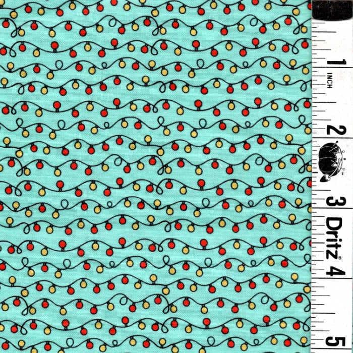 END OF BOLT 66 Strings of Christmas Lights turquoise background Basic 100% cotton quilting fabric
