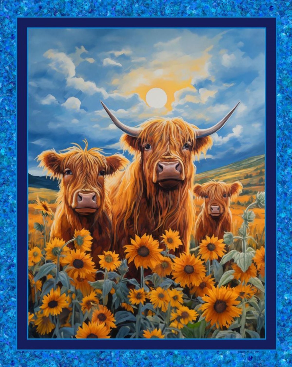 Sunflower Highlands Digital Panel cotton quilt fabric Colorful Highland Cow and Sunflower Scene Panel 36" X 45 " 100% Cotton