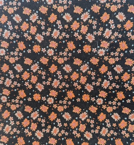 Brown Flowers on Black Background End of Bolt 2 yard remnant 100% cotton quilting fabric