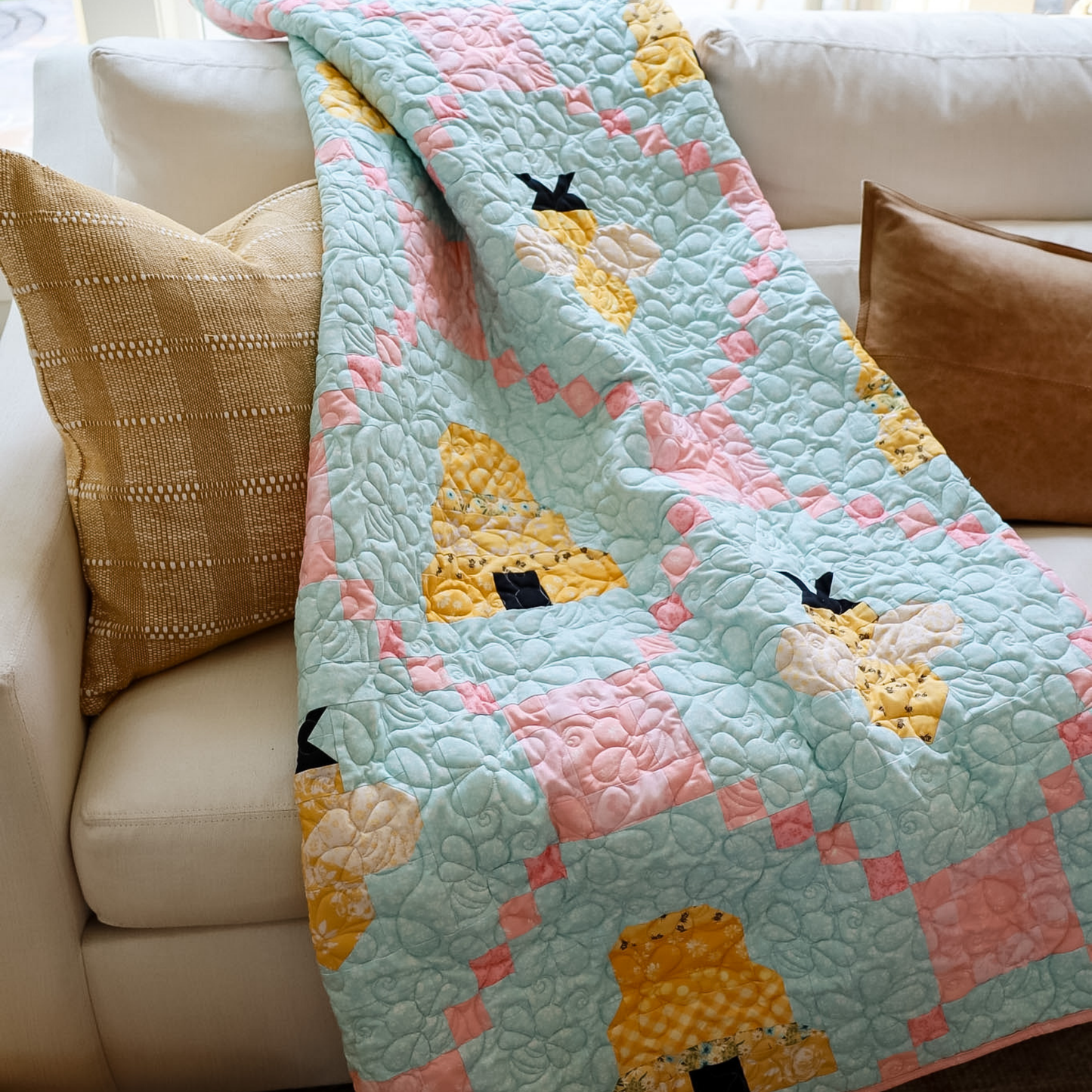 Honeycomb Bliss Pre Cut Quilt Kit Ft. New Sunny Bee Fabric | 60" x 72" | Custom Plushmere available