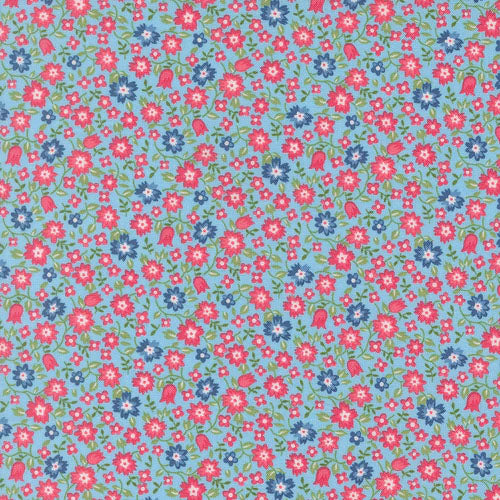 END OF BOLT 756 A Cat Named Stitch Blue Pink Flowers Fabric background 100% cotton quilting fabric