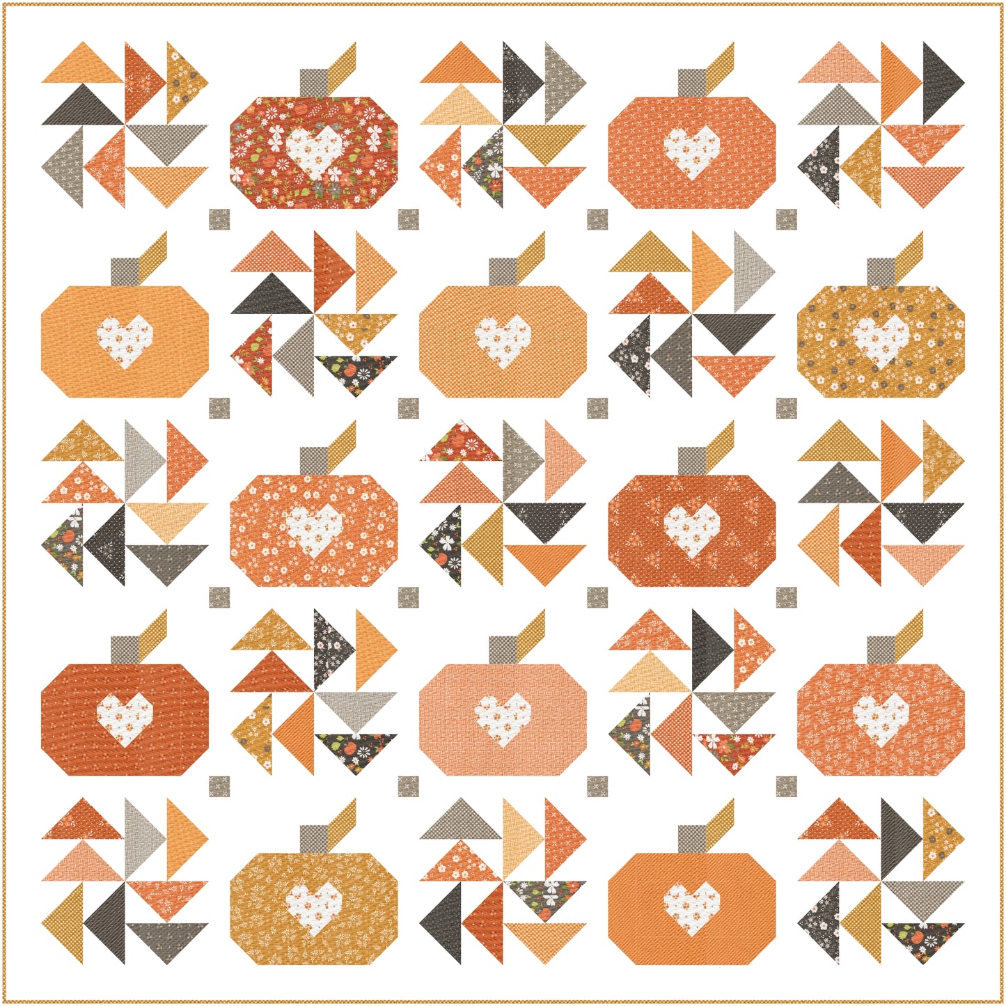 A quilt pattern or fabric design featuring a repeating grid of autumn pumpkin and geometric block motifs in orange, peach, tan, gray, and white on a white background.