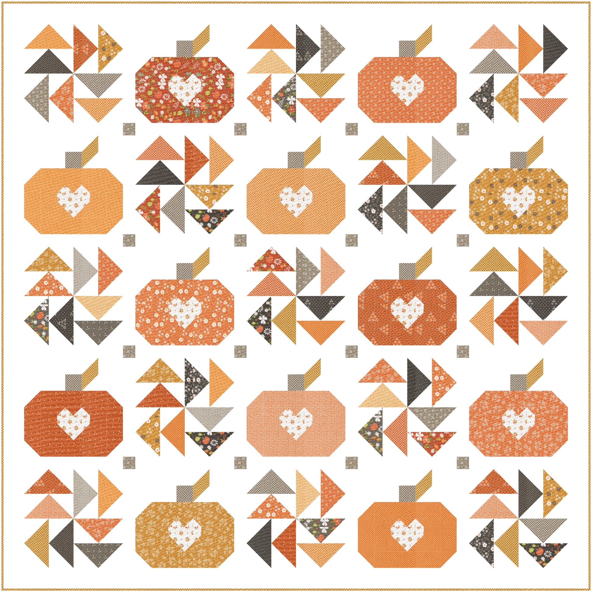 A quilt pattern or fabric design featuring a repeating grid of autumn pumpkin and geometric block motifs in orange, peach, tan, gray, and white on a white background.