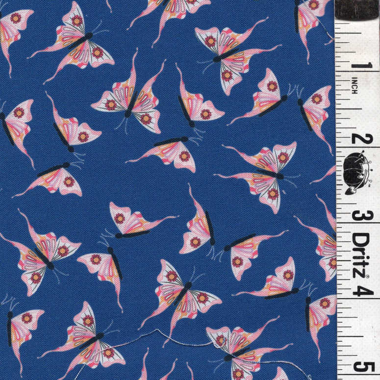 ENDOFBOLT104 Blue Background with Pink Butterfly accents basic 100% cotton quilting fabric
