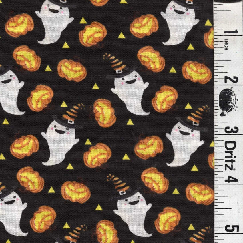 END OF BOLT 952 My Fabric Addiction Halloween Ghosts Pumpkins on Black Background 100% cotton quilting fabric