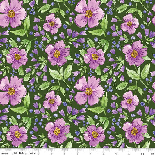 Plum Petals Main Green  C15640 Riley Blake   By The Yard Fabric  cotton quilt fabric