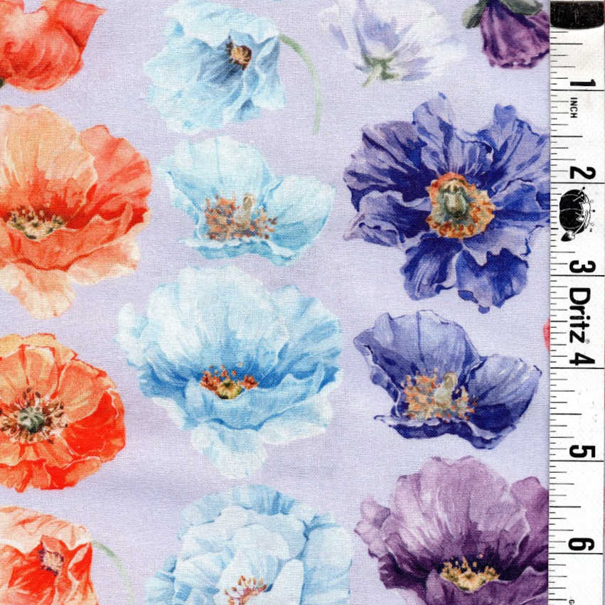 END OF BOLT 856 My Fabric Addiction Colorful Poppie Flowers on Light Purple background 100% cotton quilting fabric
