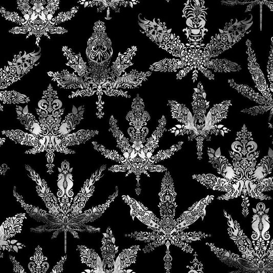 Timeless Treasures Cannabis Black and White Fabric End of Bolt 2 yard 3 inch remnant 100% cotton quilting fabric