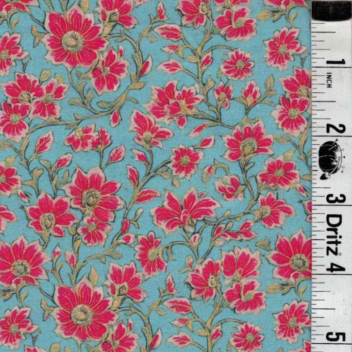END OF BOLT 790 Pink Green Flowers on Teal background 100% cotton quilting fabric