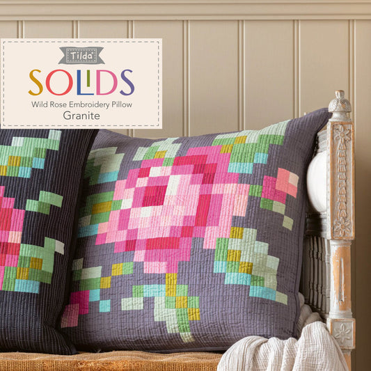 Tilda Garden Rose Embroidery Pillow Kit in Granite Pre-Cut Ready-To-Sew Fabric, Pattern, Binding, and Backing Included